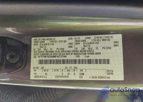 2021 Ford F-150 Xlt from USA, damaged, VIN 1FTFW1E56MFA73704